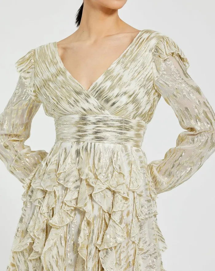 Women Daytime Dresses Mac Duggal Long Sleeve Ruched Ruffle Mini Dress Gold Multi Women Daytime Dresses Mac Duggal Long Sleeve Ruched Ruffle Mini Dress Gold Multi