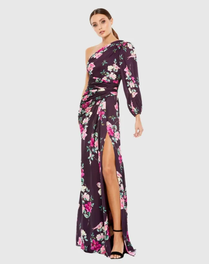 Women Daytime Dresses Mac Duggal Plum Floral Print One Sleeve Gown Plum Floral