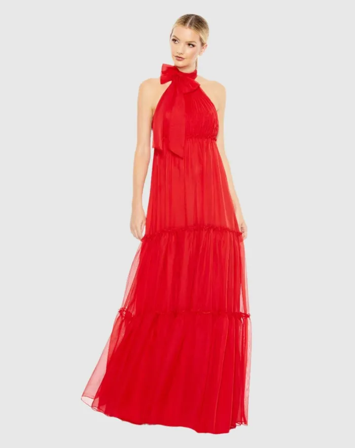Women Daytime Dresses Mac Duggal Ruched Tiered High Neck Bow A Line Gown Red