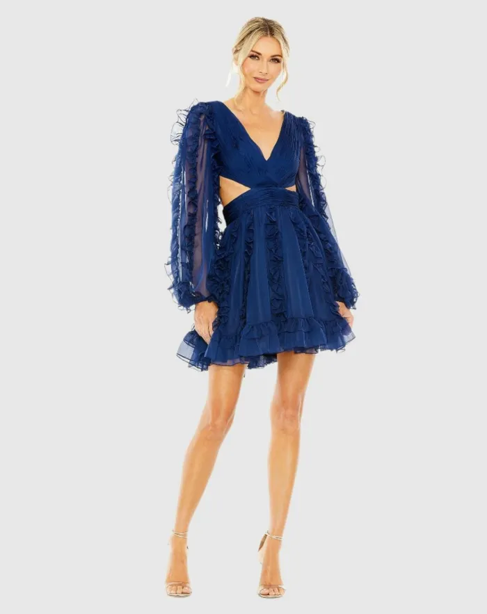Women Daytime Dresses Mac Duggal V Neck Corset Back Long Puff Sleeve Ruffle Mini Dress Indigo Women Daytime Dresses Mac Duggal V Neck Corset Back Long Puff Sleeve Ruffle Mini Dress Indigo