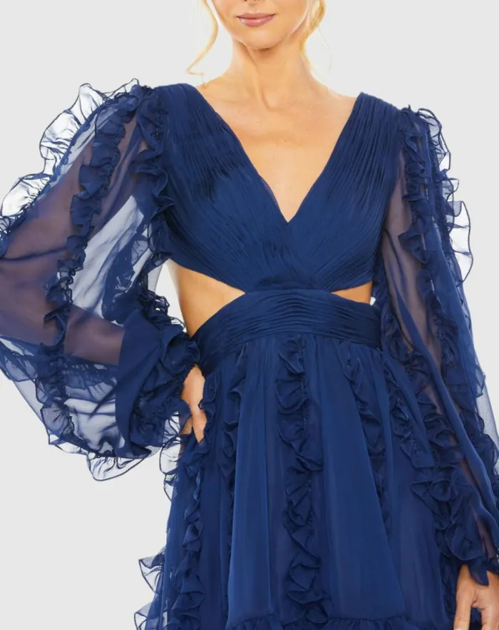 Women Daytime Dresses Mac Duggal V Neck Corset Back Long Puff Sleeve Ruffle Mini Dress Indigo