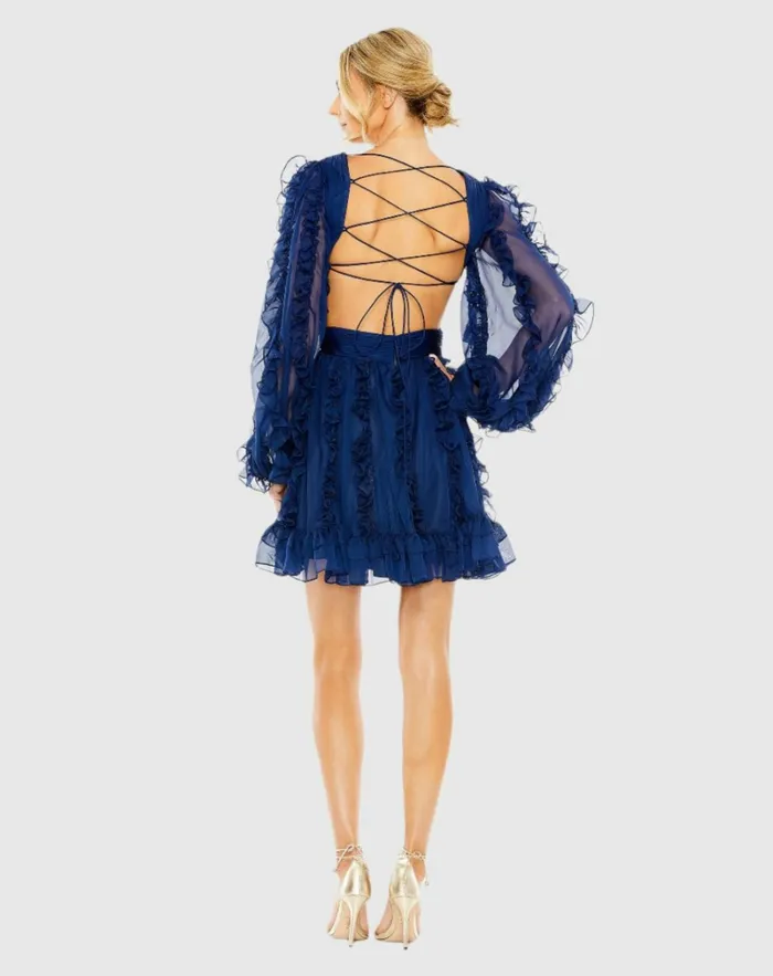 Women Daytime Dresses Mac Duggal V Neck Corset Back Long Puff Sleeve Ruffle Mini Dress Indigo