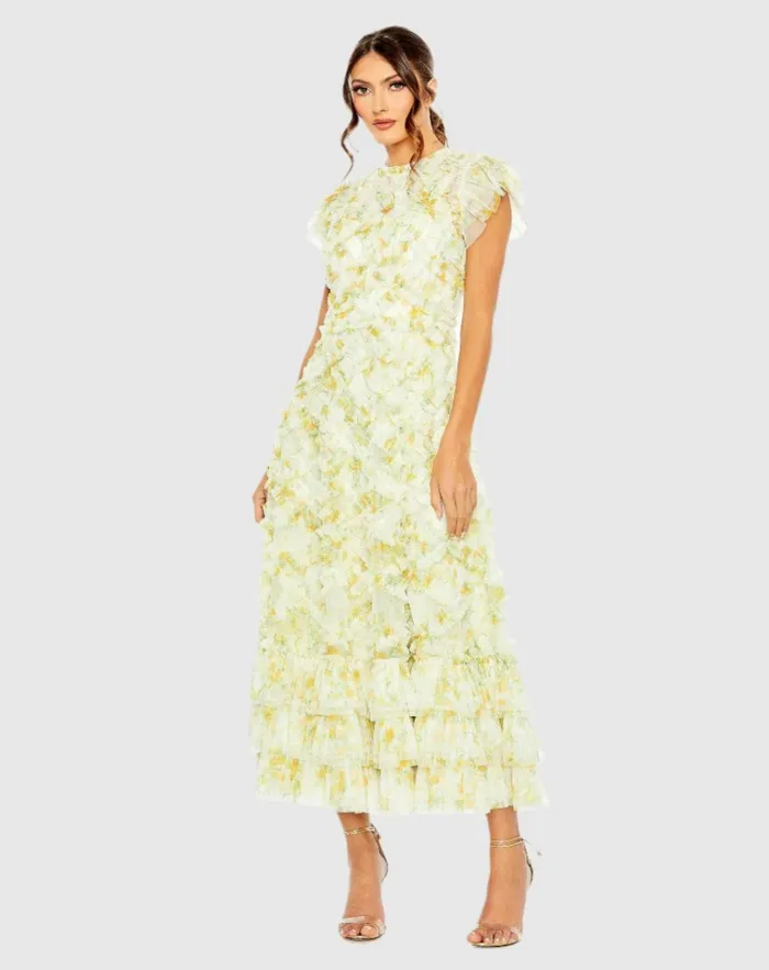 Women Daytime Dresses Mac Duggal Yellow High Neck Ruffle Cap Sleeve Floral Dress Yellow Multi Women Daytime Dresses Mac Duggal Yellow High Neck Ruffle Cap Sleeve Floral Dress Yellow Multi
