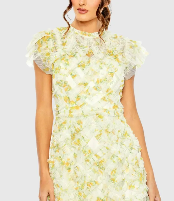 Women Daytime Dresses Mac Duggal Yellow High Neck Ruffle Cap Sleeve Floral Dress Yellow Multi Women Daytime Dresses Mac Duggal Yellow High Neck Ruffle Cap Sleeve Floral Dress Yellow Multi