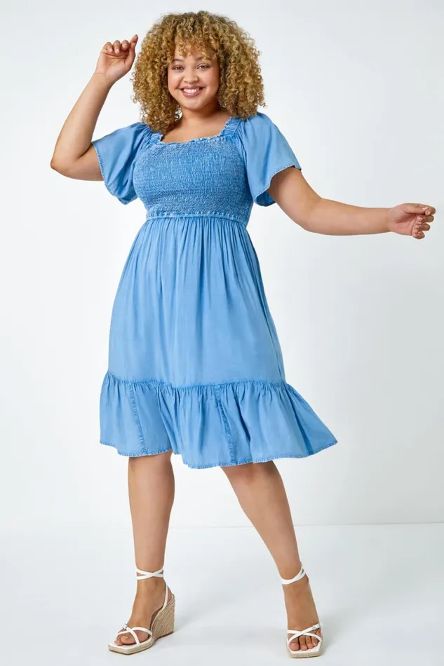 Women Denim Curve Shirred Stretch Dress Roman Dresses