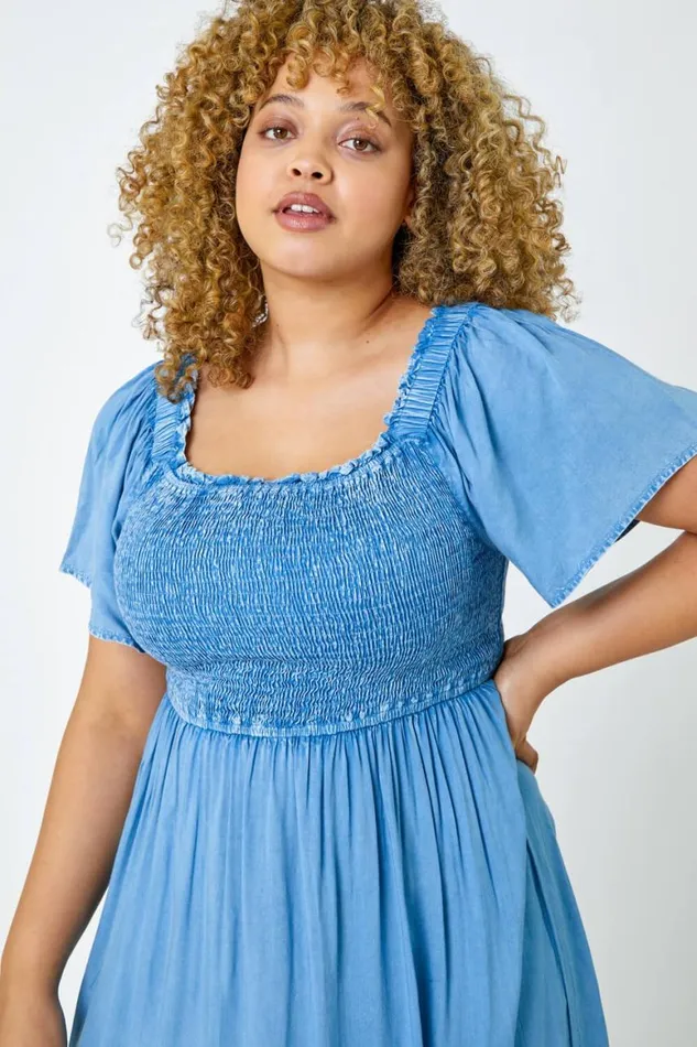Women Denim Curve Shirred Stretch Dress Roman Dresses