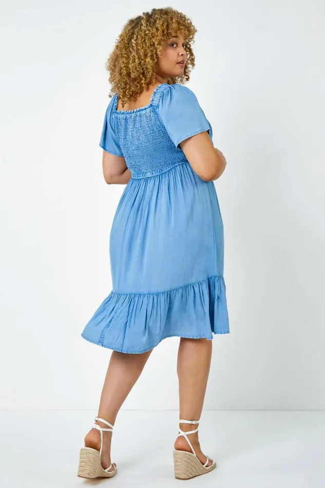 Women Denim Curve Shirred Stretch Dress Roman Dresses