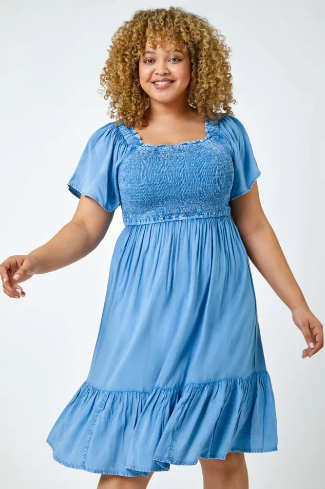 Women Denim Curve Shirred Stretch Dress Roman Dresses