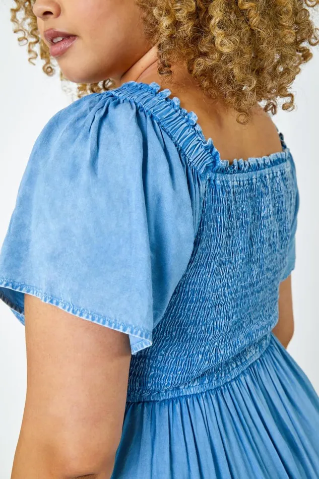 Women Denim Curve Shirred Stretch Dress Roman Dresses