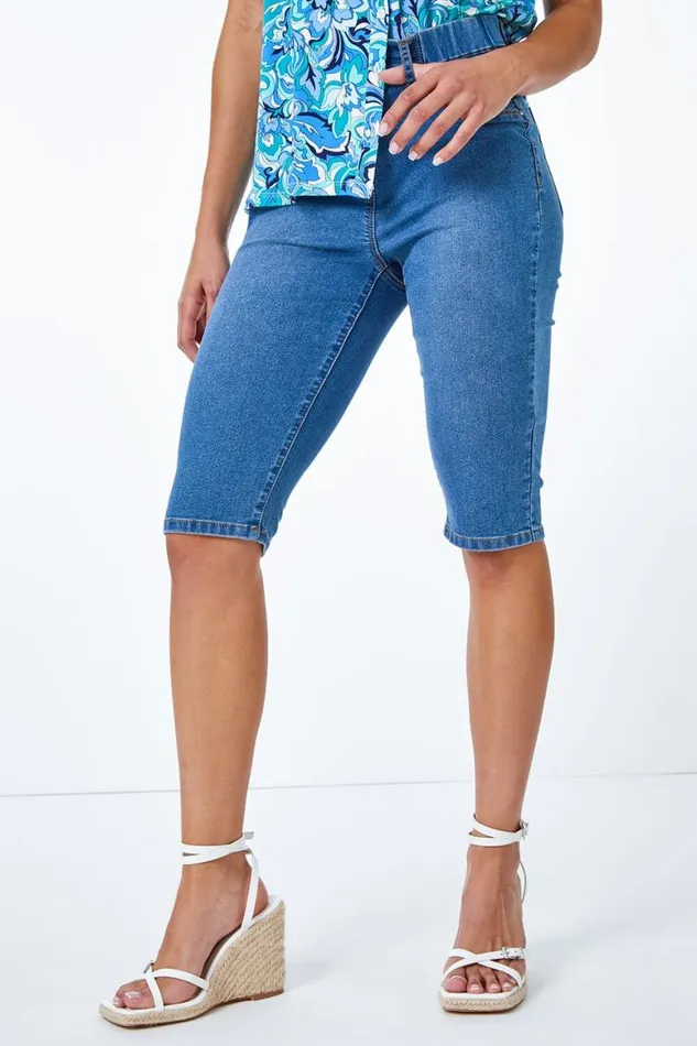 Women Denim Petite Denim Stretch Elastic Waist Shorts Roman Coords