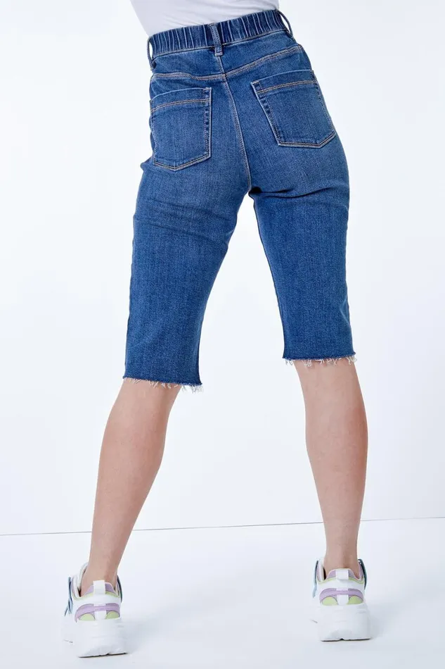 Women Denim Raw Hem Knee Length Shorts Roman Shorts