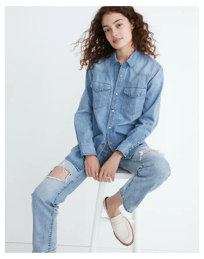 Women Denim Snap Button Western Shirt Percy Wash Madewell Tops and Shirts
