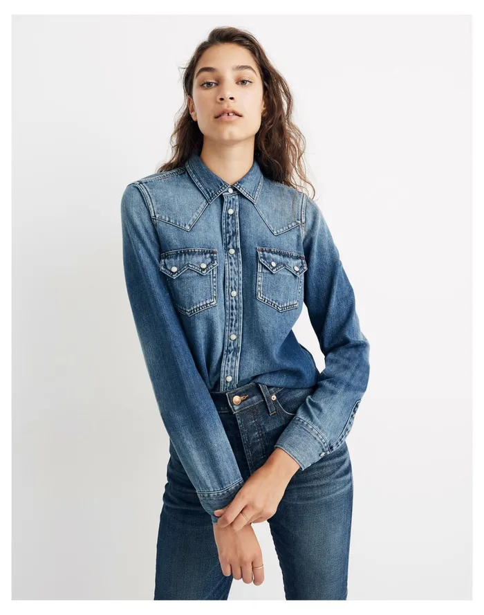 Women Denim Western Shirt In Basie Wash Basie Wash Madewell Tops and Shirts