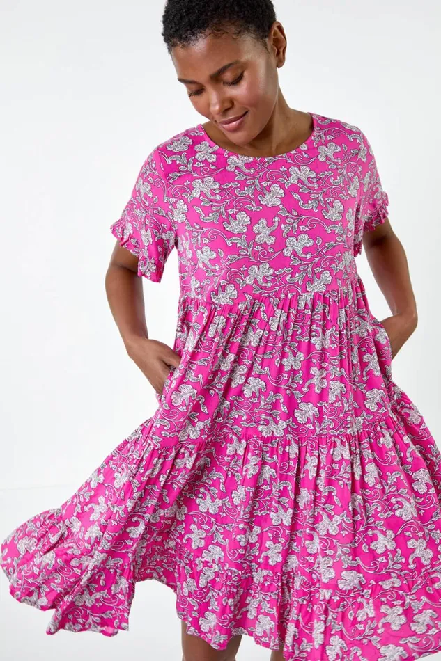 Women Ditsy Floral Print Tiered Smock Dress Roman Dresses