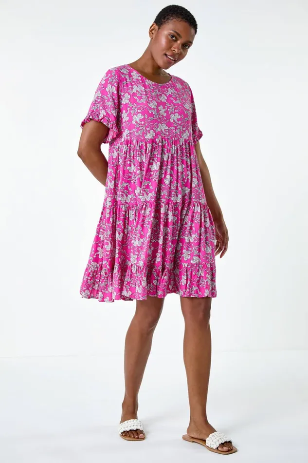 Women Ditsy Floral Print Tiered Smock Dress Roman Dresses