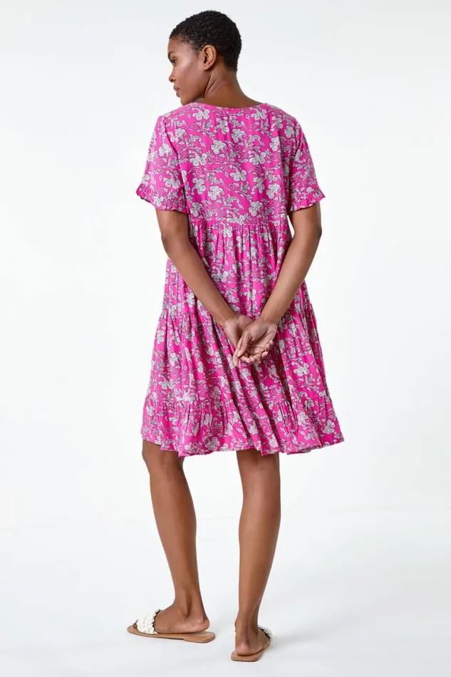 Women Ditsy Floral Print Tiered Smock Dress Roman Dresses