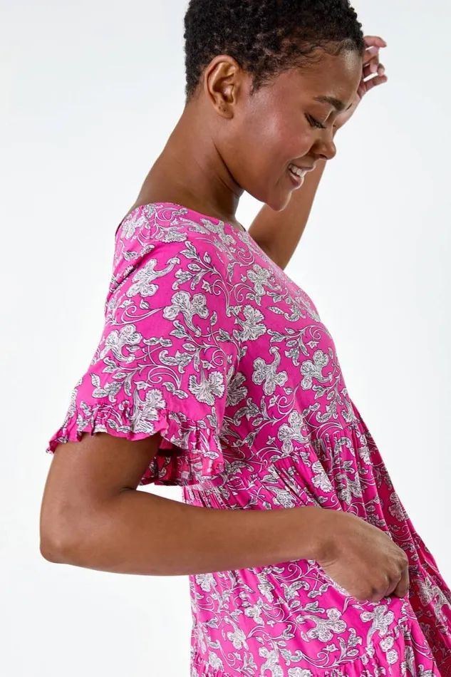 Women Ditsy Floral Print Tiered Smock Dress Roman Dresses