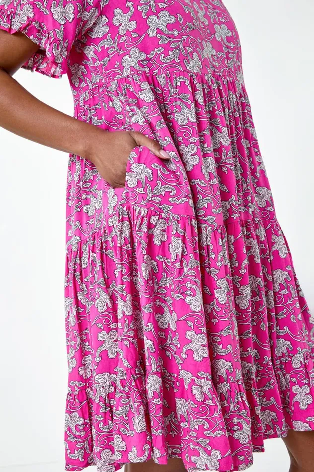 Women Ditsy Floral Print Tiered Smock Dress Roman Dresses
