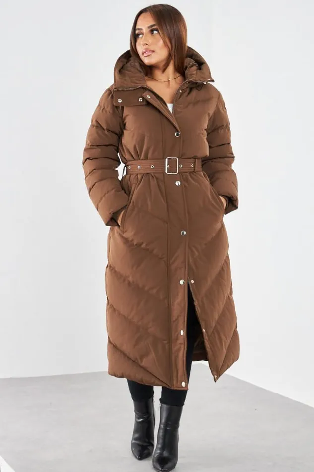 Women Doudoune Marron Longue Matelasse Et Ceinture Brown Brentiny Paris White Tops