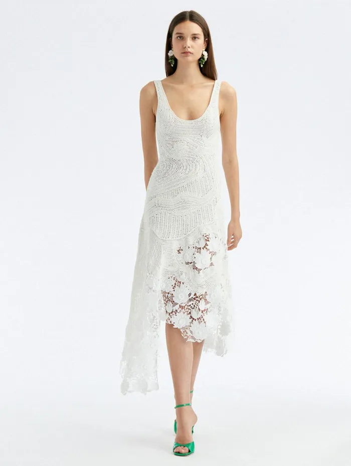 Women Dresses Oscar De La Renta Hand Crocheted Lace Inset Dress Ivory