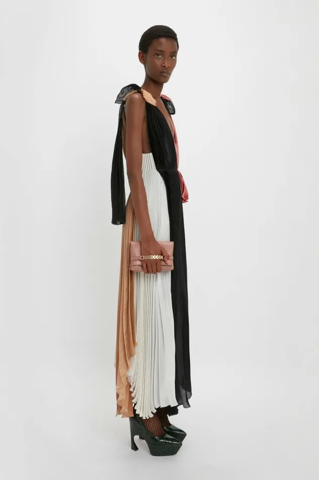 Women Dresses Victoria Beckham Asymmetric Pleated VNeck Dress In BlackMulti