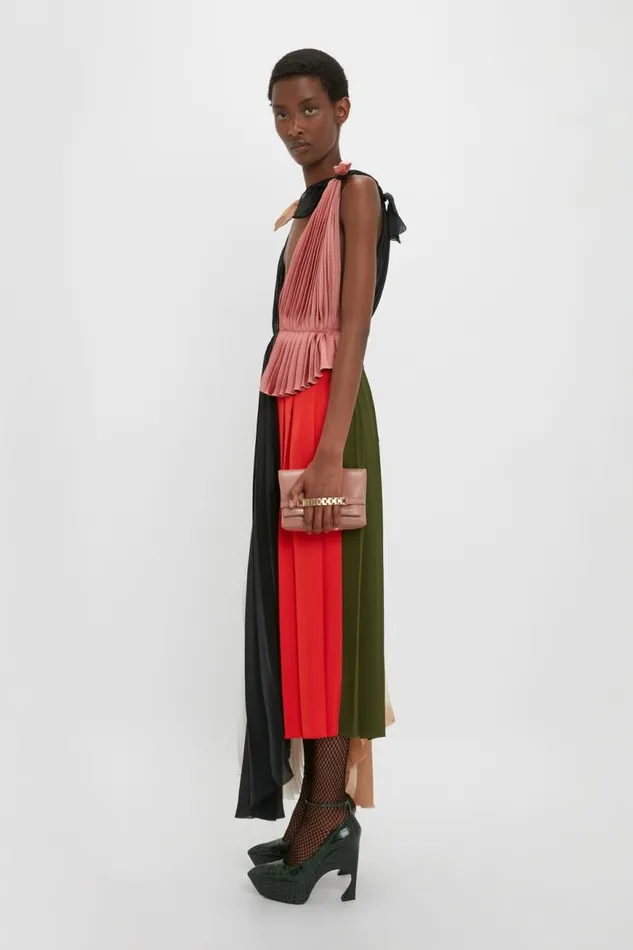 Women Dresses Victoria Beckham Asymmetric Pleated VNeck Dress In BlackMulti