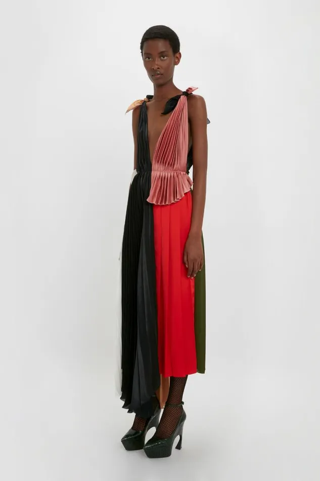 Women Dresses Victoria Beckham Asymmetric Pleated VNeck Dress In BlackMulti