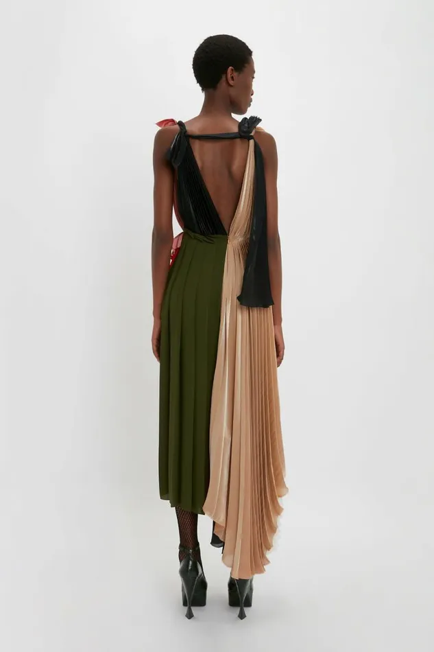 Women Dresses Victoria Beckham Asymmetric Pleated VNeck Dress In BlackMulti