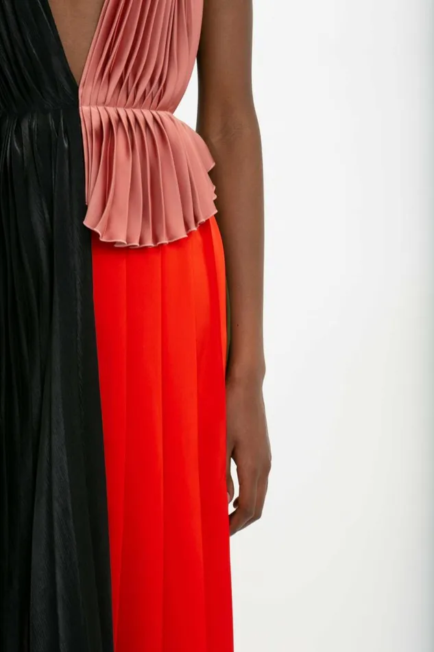 Women Dresses Victoria Beckham Asymmetric Pleated VNeck Dress In BlackMulti