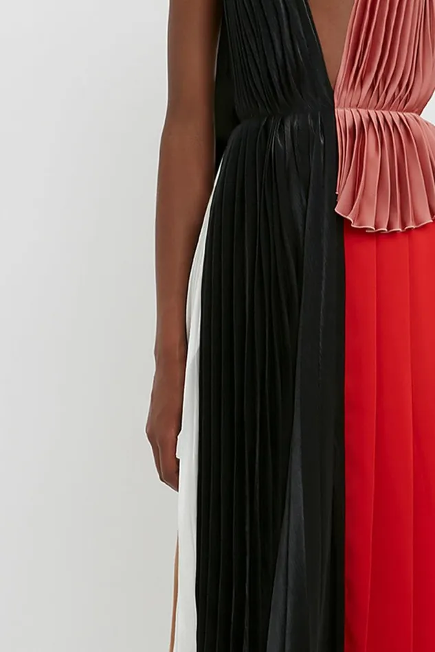 Women Dresses Victoria Beckham Asymmetric Pleated VNeck Dress In BlackMulti