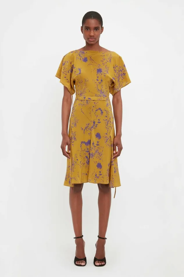 Women Dresses Victoria Beckham Draped Sleeve Dress In Yellow Ochre