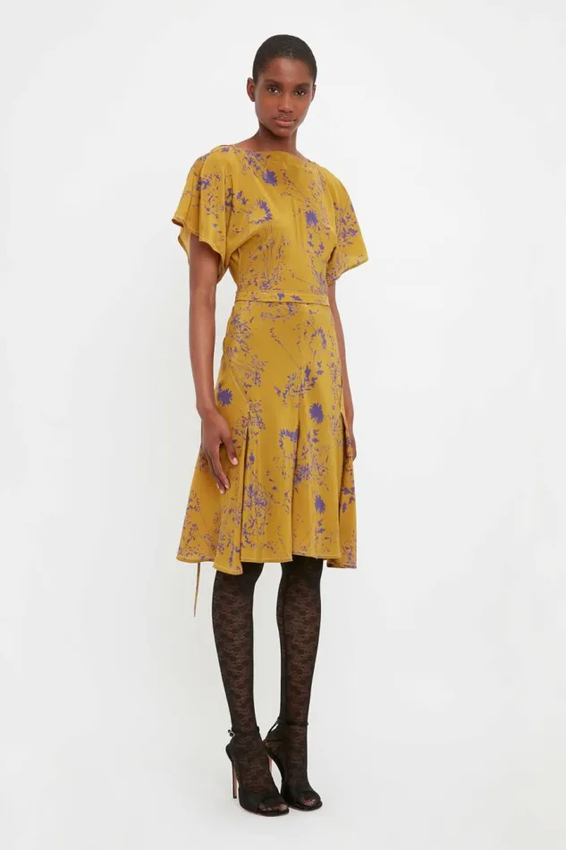 Women Dresses Victoria Beckham Draped Sleeve Dress In Yellow Ochre