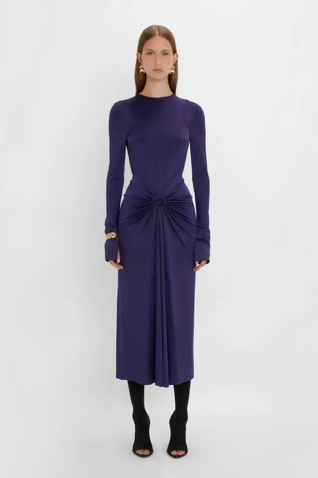 Women Dresses Victoria Beckham Long Sleeve Gathered Midi Dress In Ultraviolet