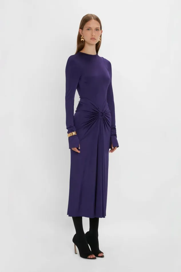 Women Dresses Victoria Beckham Long Sleeve Gathered Midi Dress In Ultraviolet
