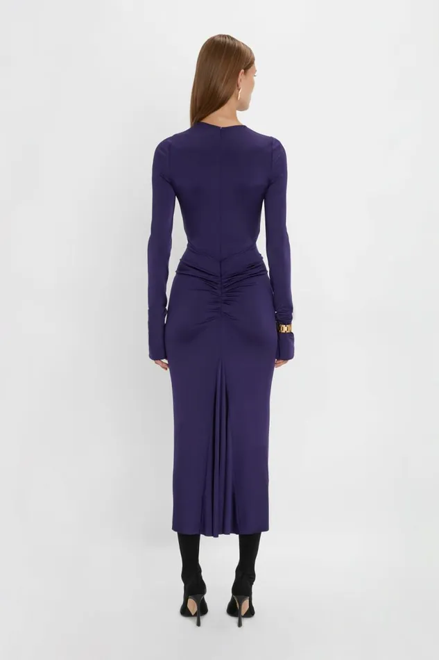 Women Dresses Victoria Beckham Long Sleeve Gathered Midi Dress In Ultraviolet