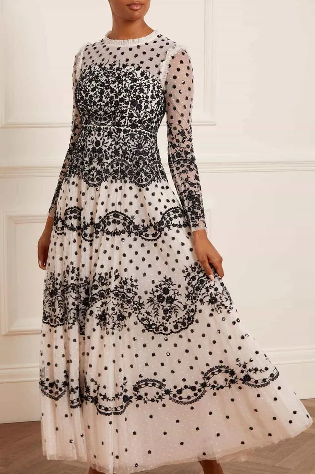 Women Embellished Dresses Needle and Thread Beatrice Long Sleeve Gown Champagne