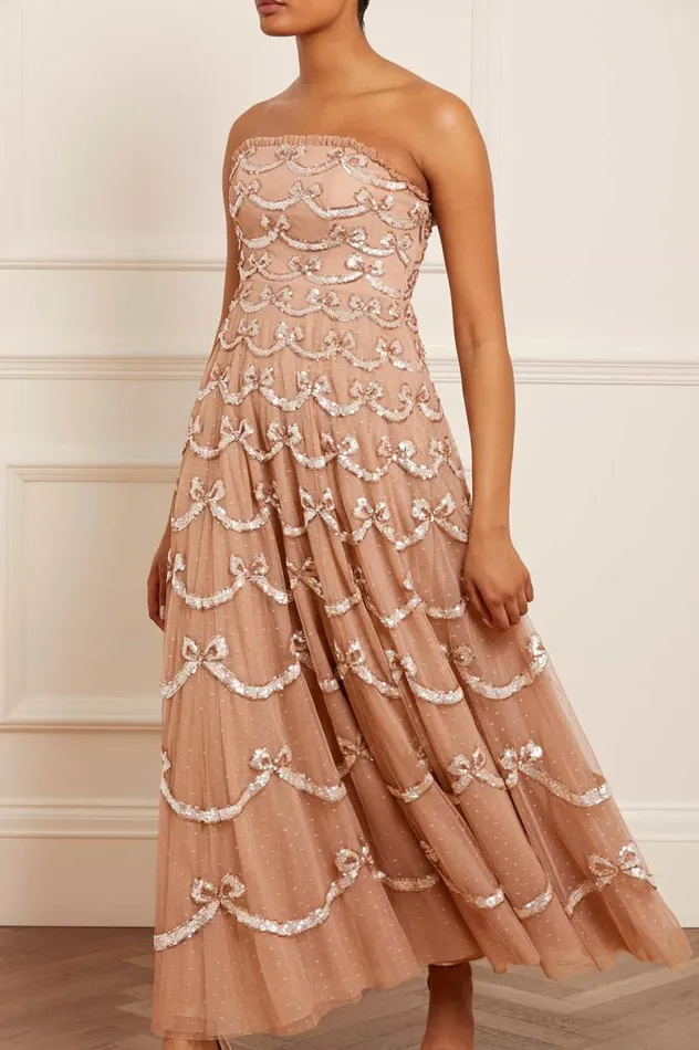 Women Embellished Dresses Needle and Thread Bow Sequin Strapless Gown Beige