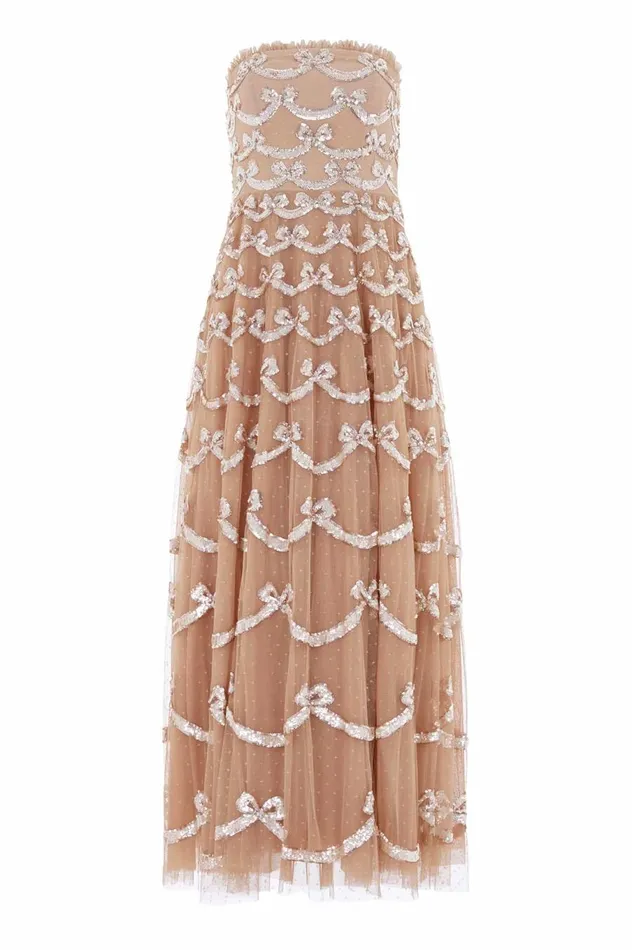 Women Embellished Dresses Needle and Thread Bow Sequin Strapless Gown Beige Women Embellished Dresses Needle and Thread Bow Sequin Strapless Gown Beige