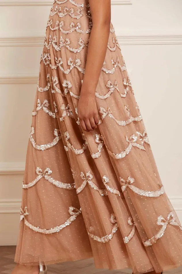 Women Embellished Dresses Needle and Thread Bow Sequin Strapless Gown Beige Women Embellished Dresses Needle and Thread Bow Sequin Strapless Gown Beige
