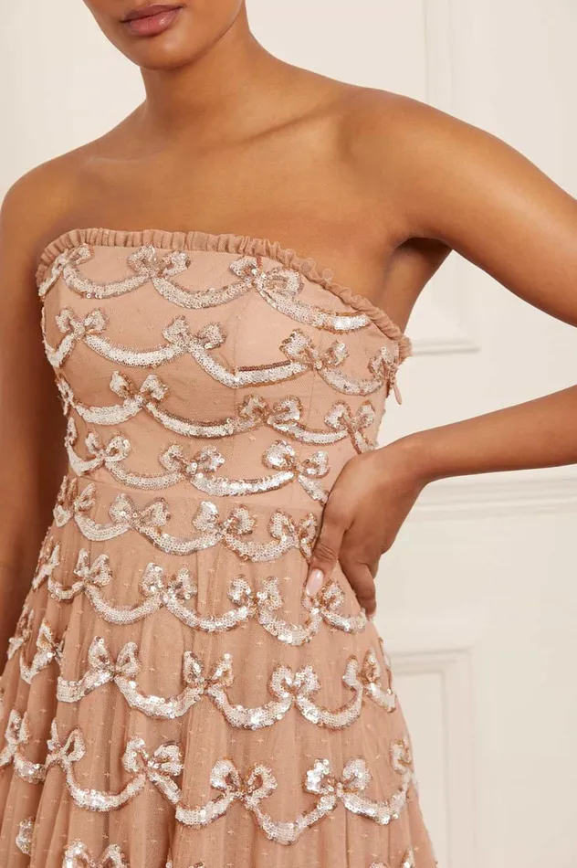 Women Embellished Dresses Needle and Thread Bow Sequin Strapless Gown Beige Women Embellished Dresses Needle and Thread Bow Sequin Strapless Gown Beige