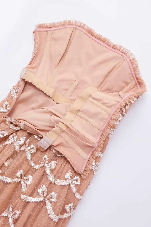 Women Embellished Dresses Needle and Thread Bow Sequin Strapless Gown Beige Women Embellished Dresses Needle and Thread Bow Sequin Strapless Gown Beige