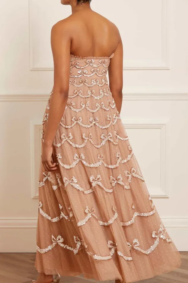 Women Embellished Dresses Needle and Thread Bow Sequin Strapless Gown Beige Women Embellished Dresses Needle and Thread Bow Sequin Strapless Gown Beige