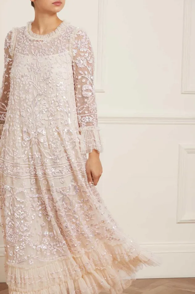 Women Embellished Dresses Needle and Thread Celia Long Sleeve Ankle Gown Champagne