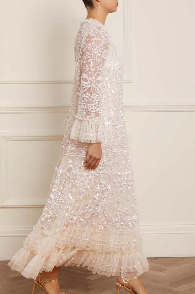 Women Embellished Dresses Needle and Thread Celia Long Sleeve Ankle Gown Champagne