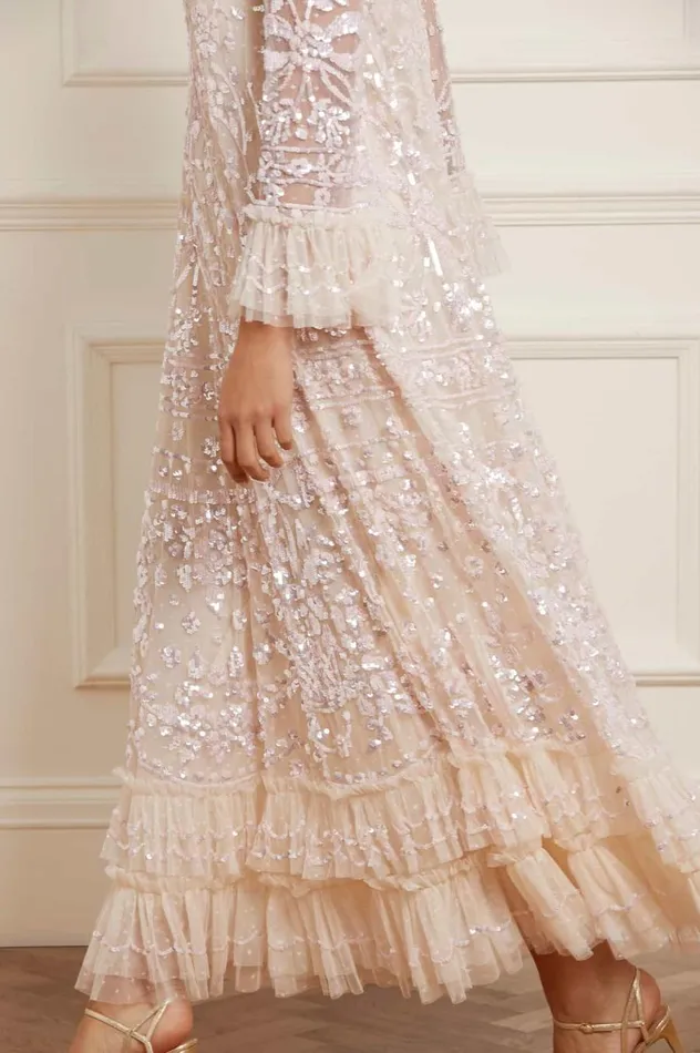 Women Embellished Dresses Needle and Thread Celia Long Sleeve Ankle Gown Champagne