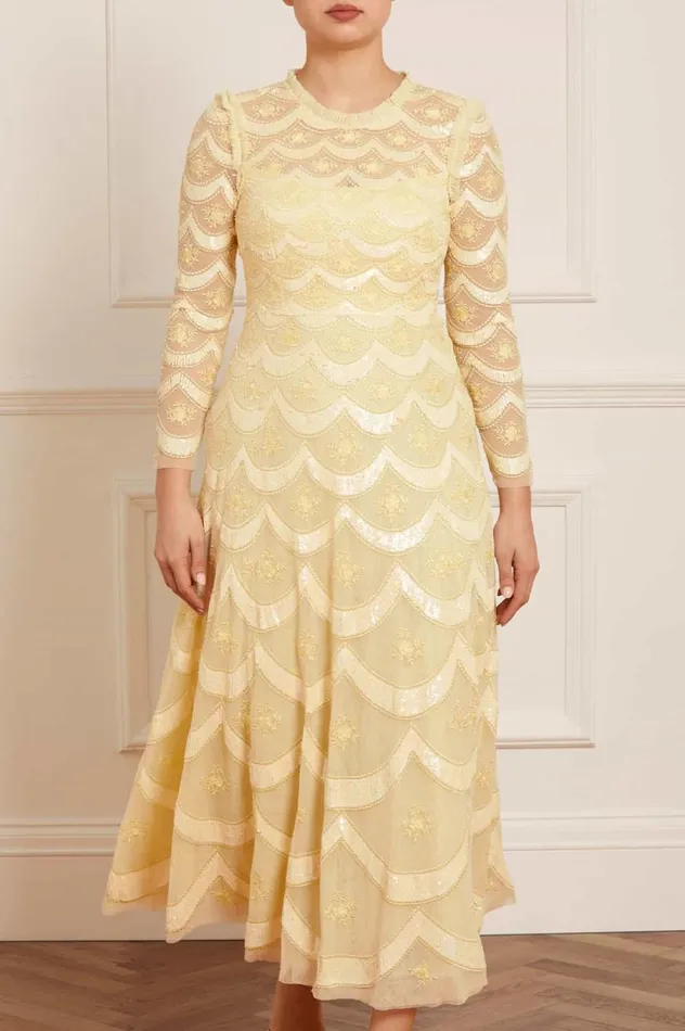 Women Embellished Dresses Needle and Thread Fifi Long Sleeve Ankle Gown Yellow