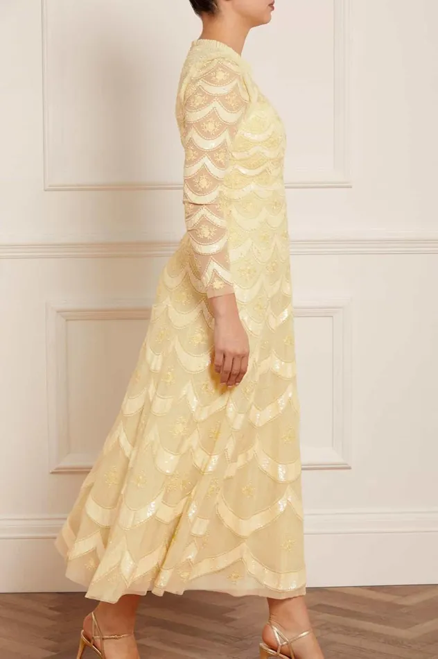 Women Embellished Dresses Needle and Thread Fifi Long Sleeve Ankle Gown Yellow