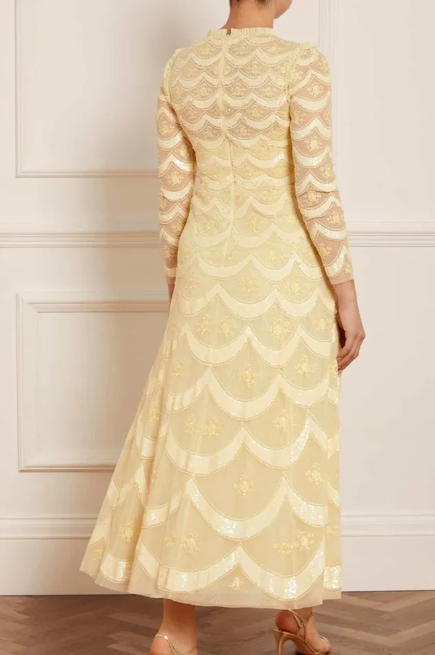 Women Embellished Dresses Needle and Thread Fifi Long Sleeve Ankle Gown Yellow