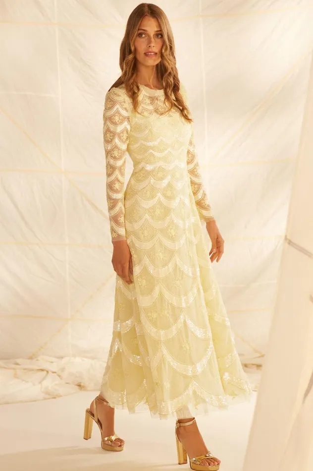 Women Embellished Dresses Needle and Thread Fifi Long Sleeve Ankle Gown Yellow