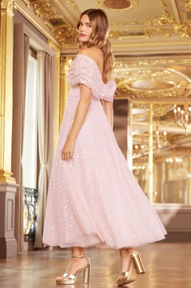 Women Embellished Dresses Needle and Thread Grace Gloss OffShoulder Ankle Gown Pink